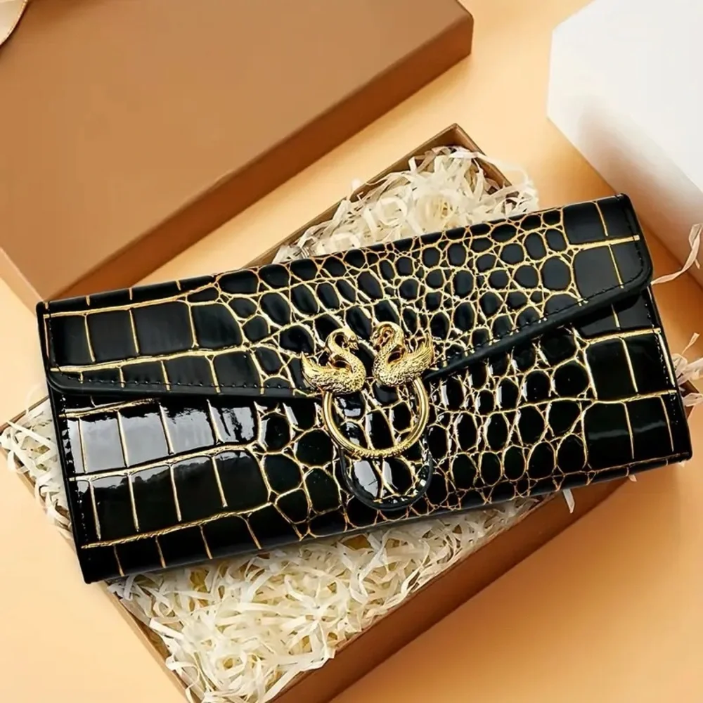 Vintage Alligator-Textured Wallet – Black Glossy Clutch for Women with Gold Swan - Picture 6 of 7